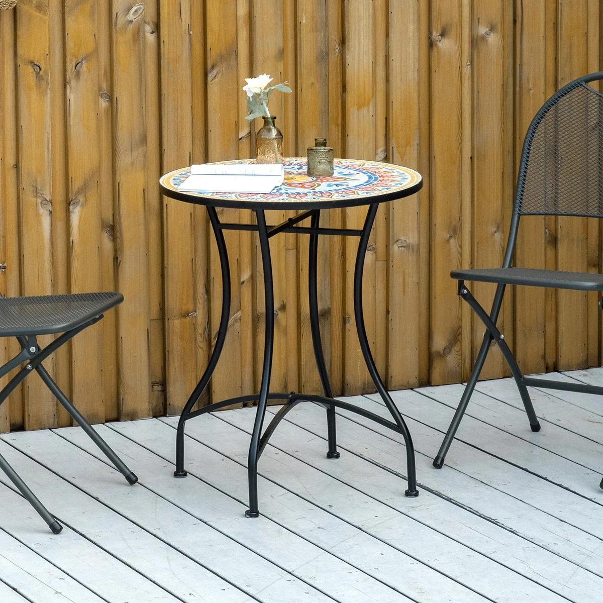 Garten Mosaik Runder Bistrotisch Keramik Metall Rot+Blau+Weiß Ø60 cm - 5