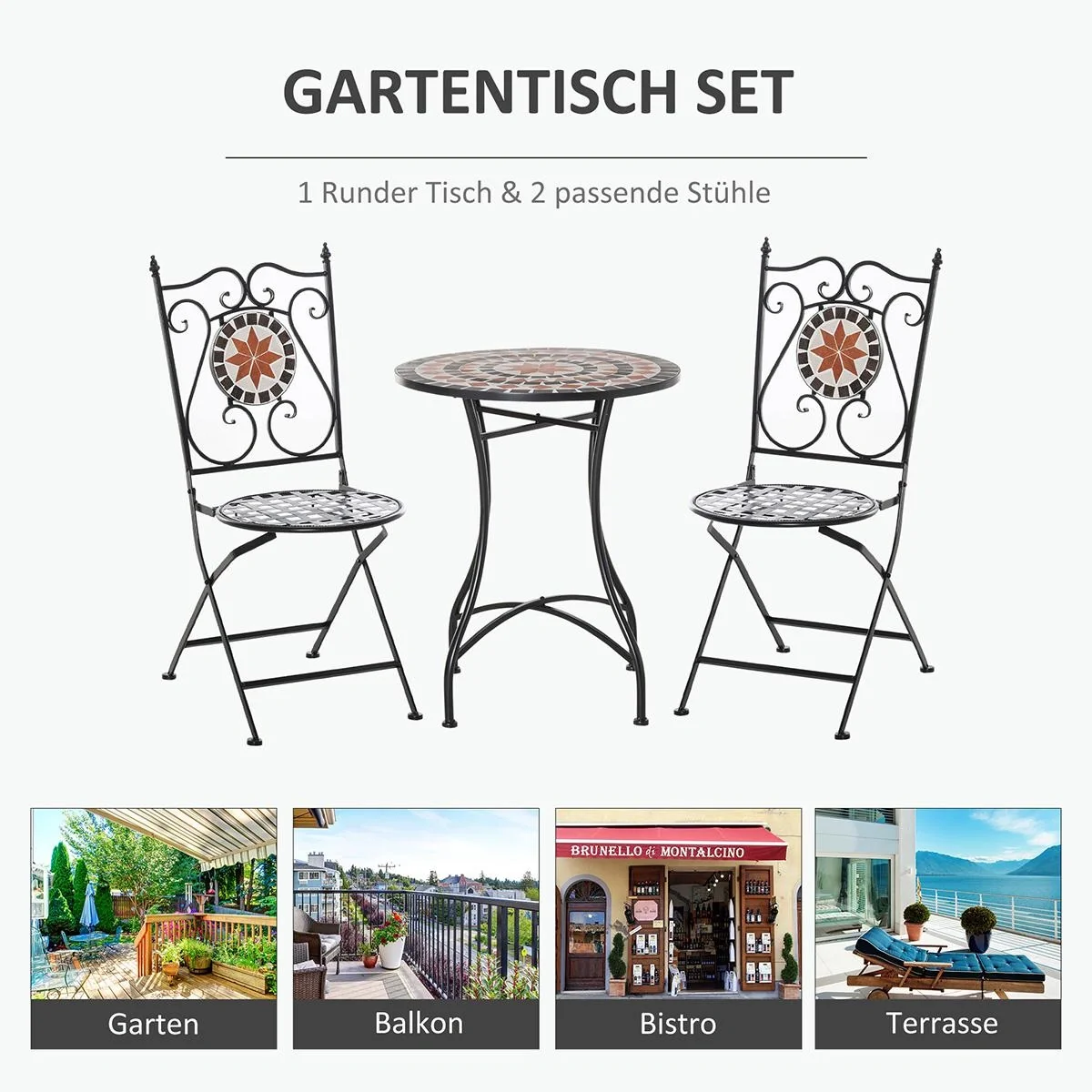 Garten Sitzgruppe 3-teilige Mosaiktisch Essgruppe Gartenmöbel-Set 1 Tisch+2 faltbare Stühle Terrasse Metall Mehrfarbing - 5