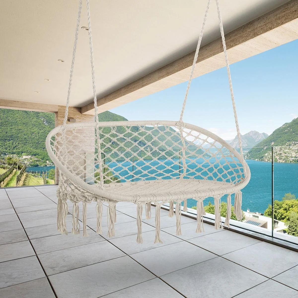Hängesessel Hängestuhl 2-Sitzer Boho-Stil Makramee-Netzmuster mit Aufhängen Deckenhaken für Veranda unter Bäumen Garten - 5