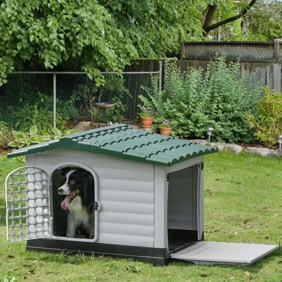 Outdoor Hundehütte Hundehaus Haustierzubehör Hundezubehör Tierbedarf mit Dachluke Tor Unterschlupf für mittelgroße Hunde - 4