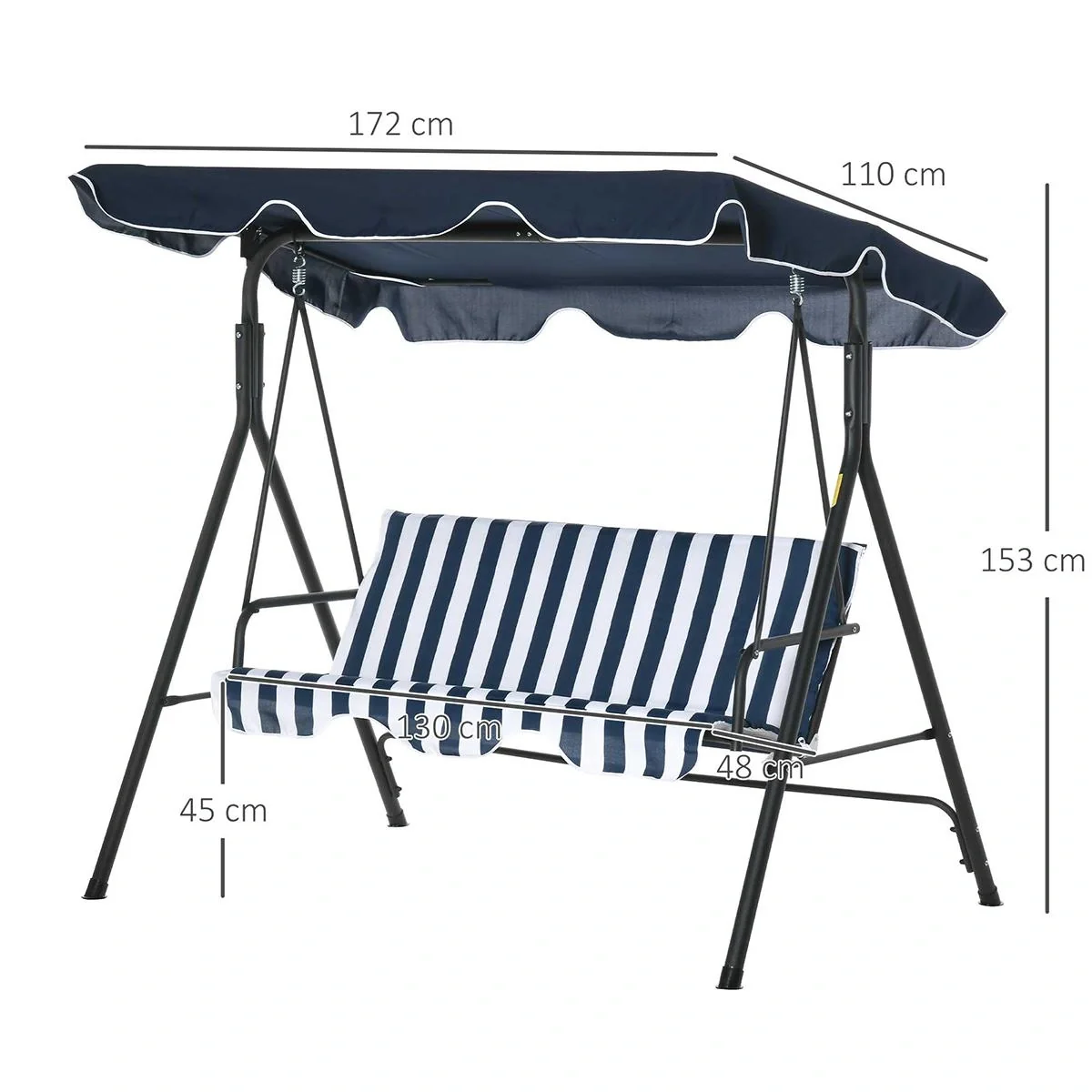 Hollywoodschaukel Gartenschaukel Schaukelbank 3-Sitzer mit Dach Stahl Blau+Weiß 172 x 110 x 153 cm - 5