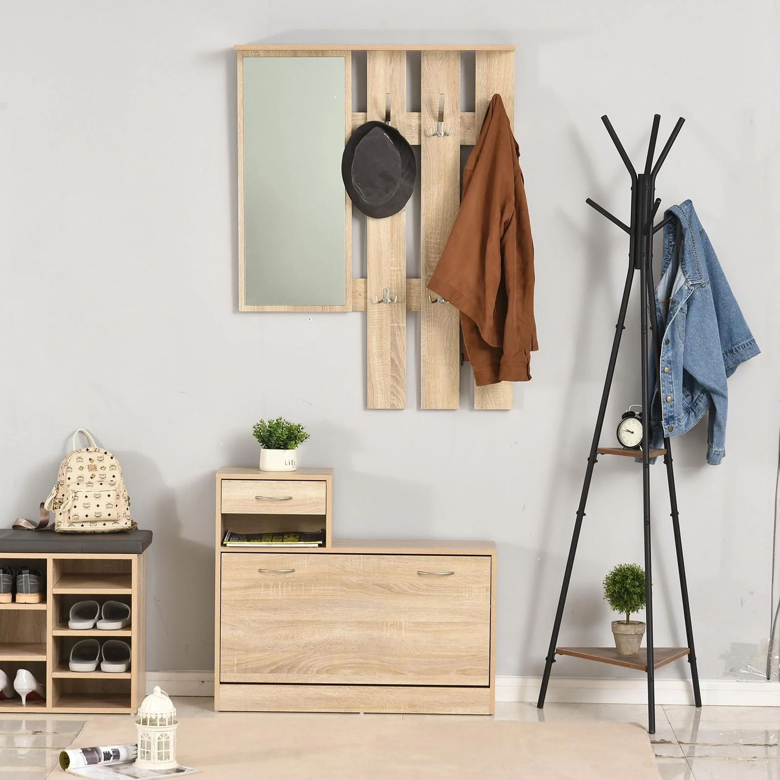 Kleiderschrankset 3-in-1, Garderobe mit Schuhschrank und Wandspiegel - 8