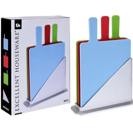 Excellent Houseware 4-teiliges Schneidebrett-Set mit Halter - Kunststoff - 24 x 30 x 0,5 cm - Spülmaschinenfest - 3