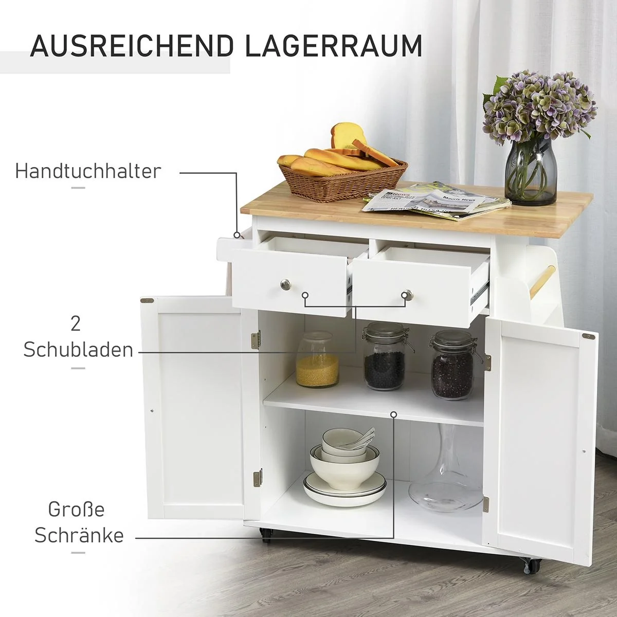 Küchenwagen mit Rollen, Servierwagen mit Gewürzregal, Küchenhilfe, P2 MDF, Gummiholz, Weiß+Natur, 89 x 45 x 89,5 cm - 5