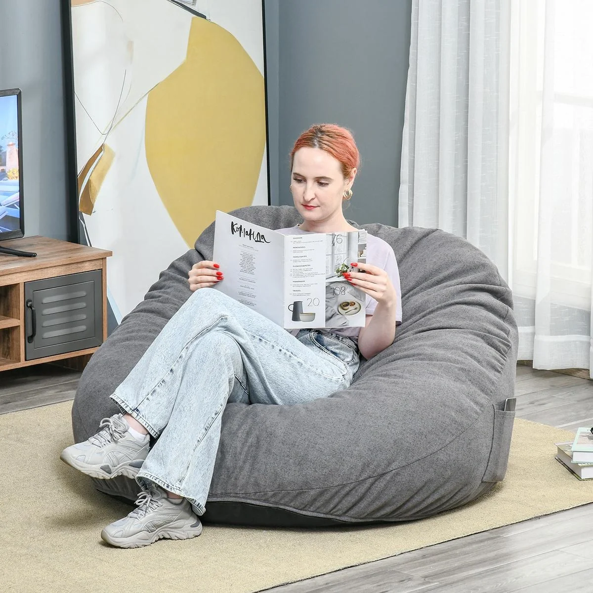 Sitzsack aufblasbares Sofa Bodensessel Sitzkissen gepolstert mit 2 Seitentaschen waschbar für Wohnzimmer Liege Schlafzim - 4