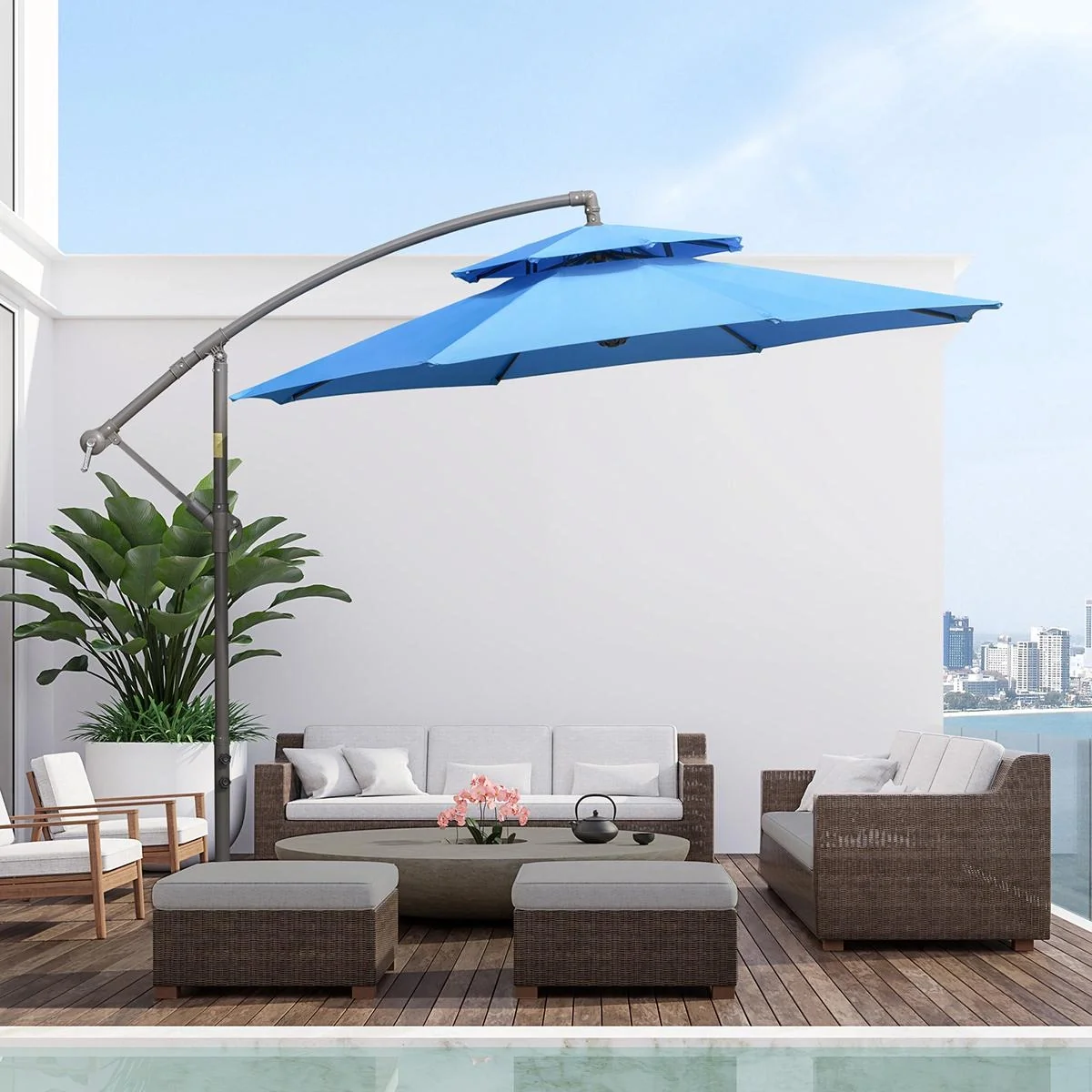 Sonnenschirm Ø2,67 x 2,7 m Pendelsonnenschirm mit Doppeldach Kreuzfuß Stahl Outdoor Polyester Blau - 6