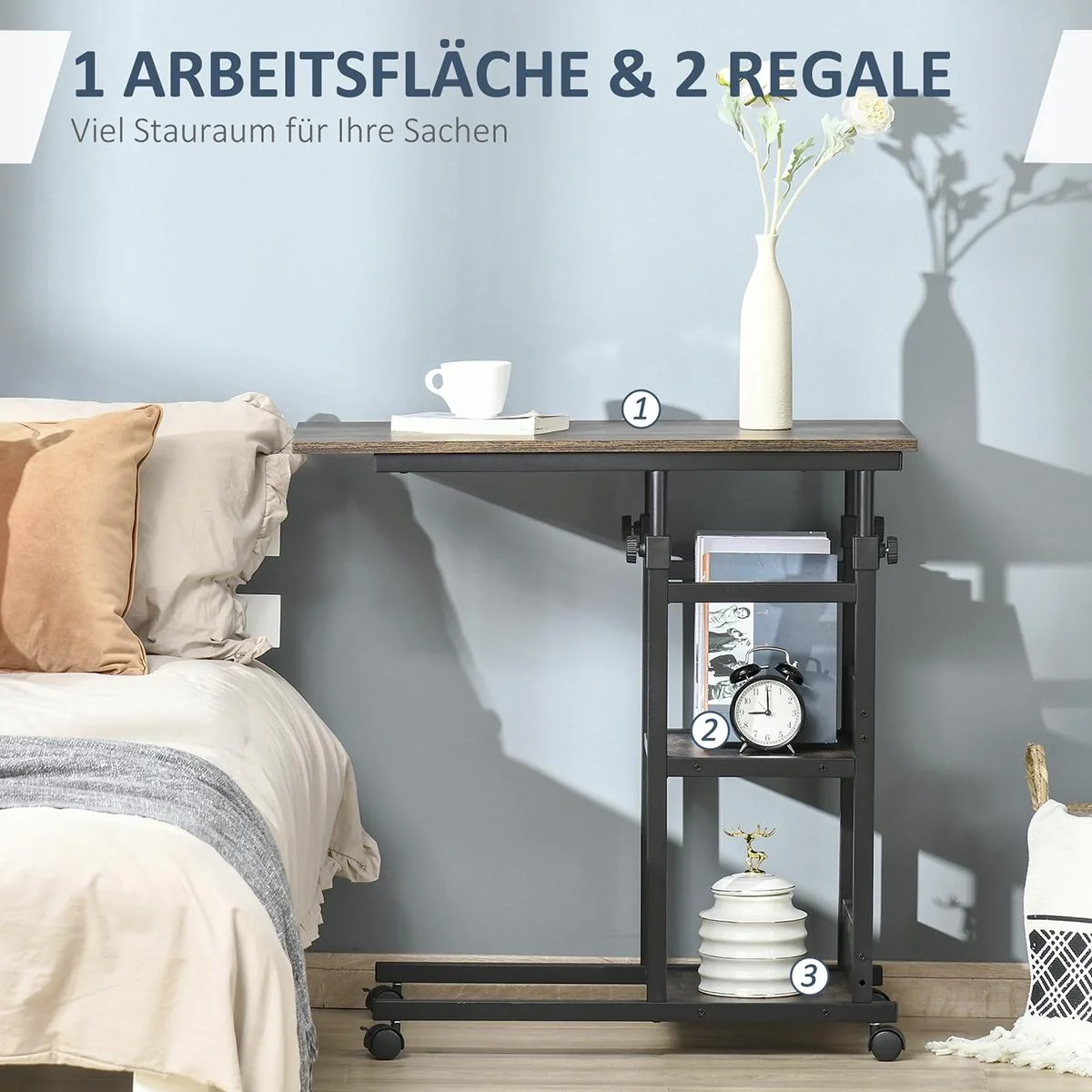 Beistelltisch Couchtisch mit Rollen, E1 Spanplatte, Metall, Schwarz, 80x40x72-82 cm - 5