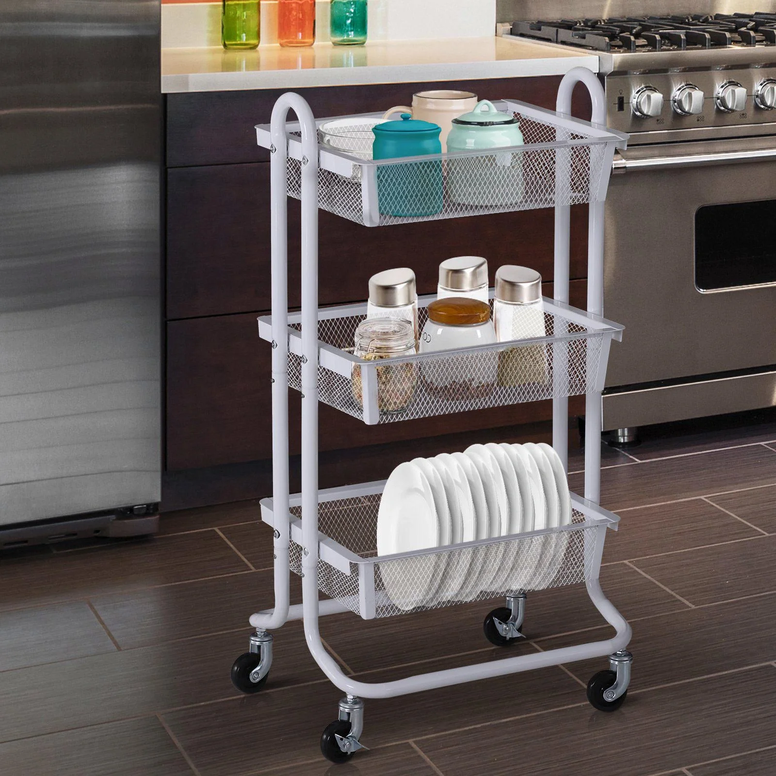 Allzweckwagen Allzweckregal mit Rollen Küchenwagen Küchenregal Metallregal Rollwagen 3 x Korb Karbonstahl Weiß - 3