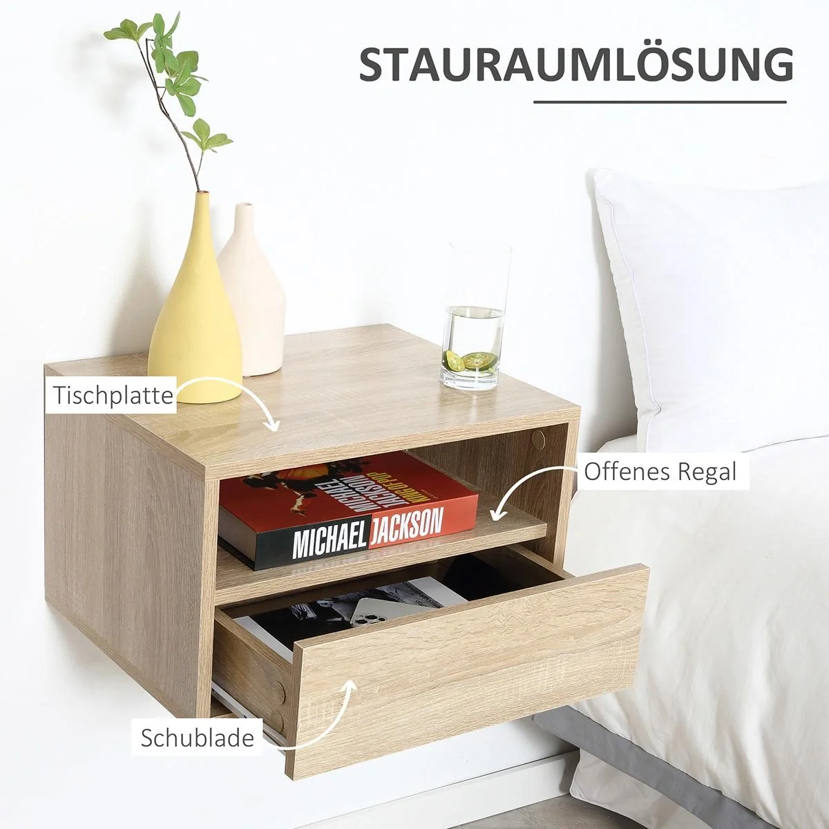 2 tlg. Wandnachttische Nachttisch Hängeschrank mit Schublade Spanplatte Natur 45 x 35 x 27,5 cm - 5