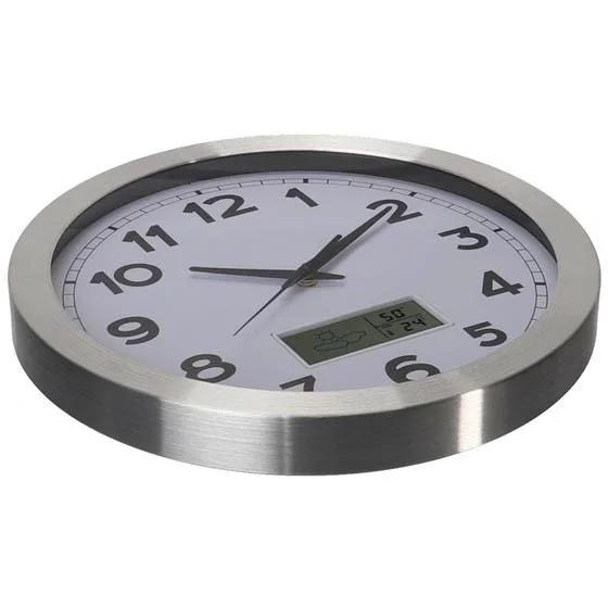 Aluminium Wanduhr mit LCD-Display und Thermometer, Hygrometer & Wettervorhersage - Ø 35 cm - 5