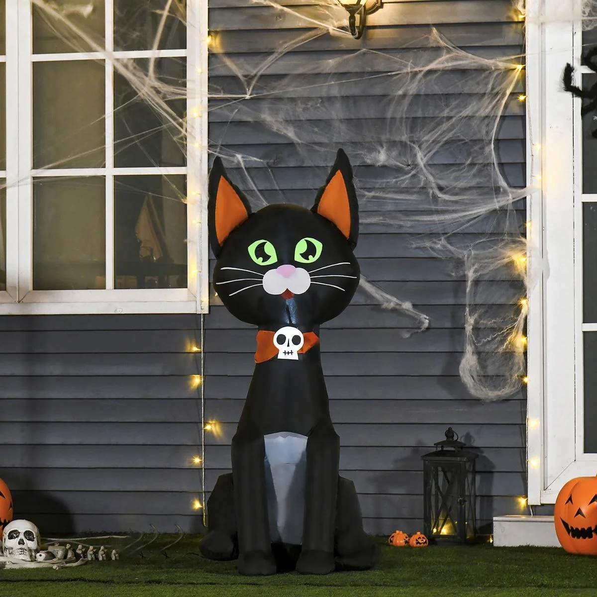 Aufblasbare Schwarze Katze Figur Halloween Deko für Innen- und Außenbereich Luftfigur mit LED Beleuchtung Polyester Schw - 3