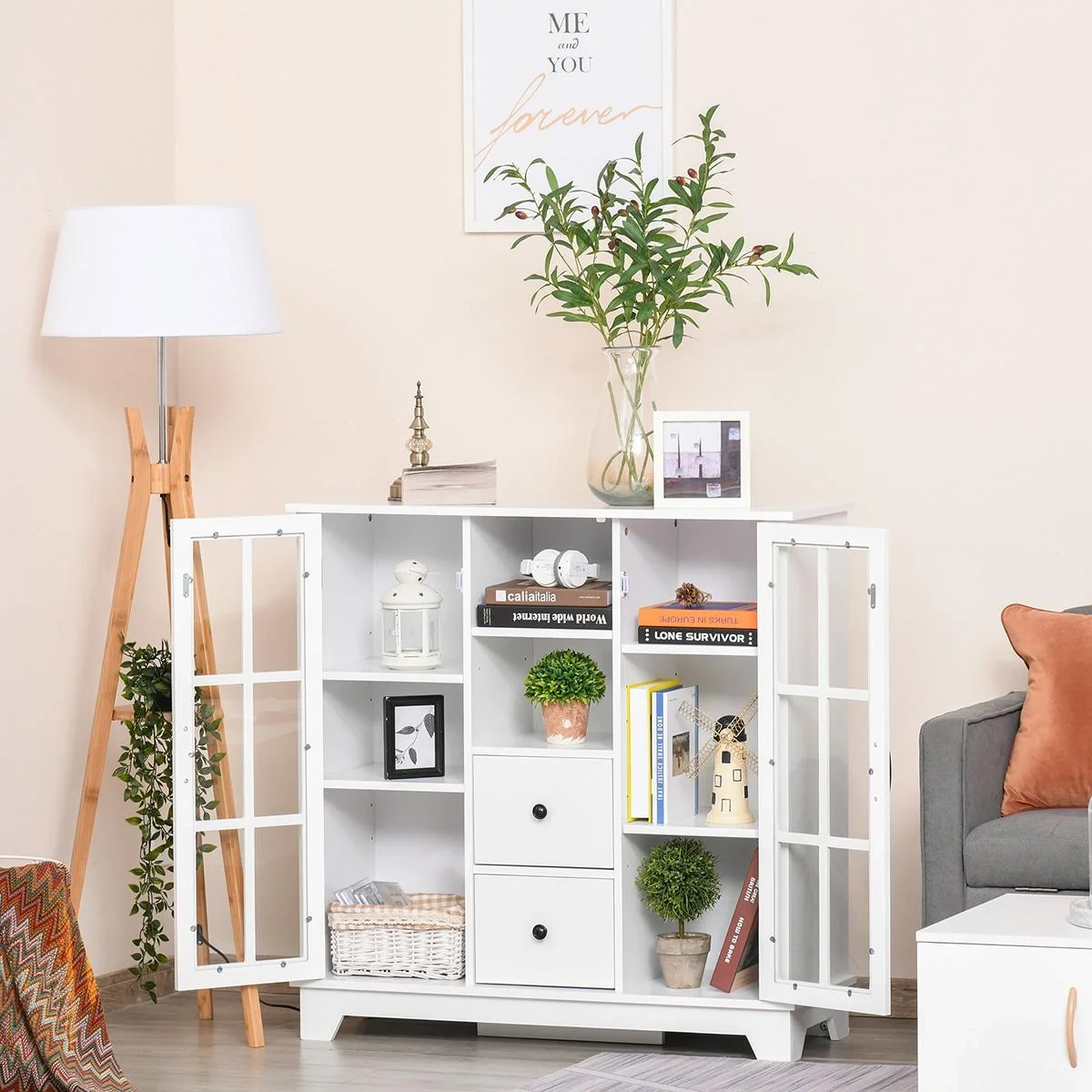 Küchenschrank Sideboard Aufbewahrungsschrank modern elegant mit 2 Schubladen und Glastüren für Esszimmer Wohnzimmer MDF - 6