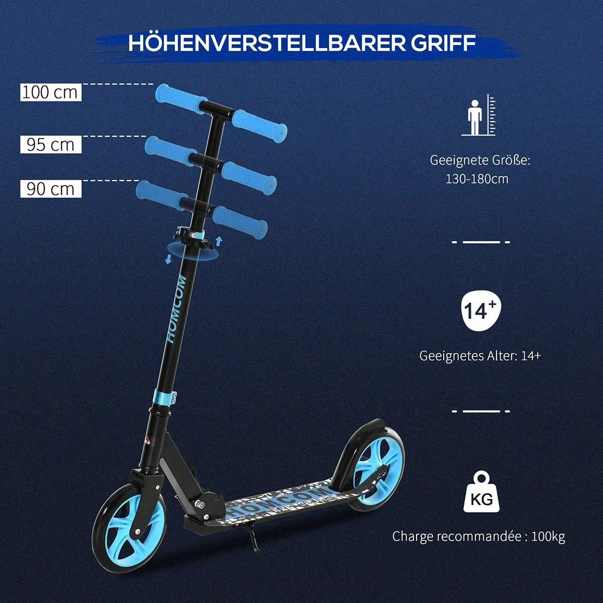 Kinderscooter klappbar Kickscooter mit Hinterbremsen für 14+ Jugend Tretroller höheverstellbar Räder 200 mm bis 100 kg b - 5