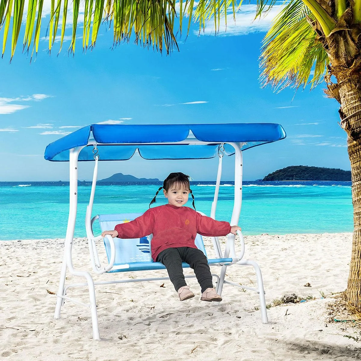 Kinderhängematte 2-Sitzer Kinderschaukel mit verstellbarem Sonnendach für 3-6 Jahre Kinder Metall blau 110 x 74 x 113 cm - 6