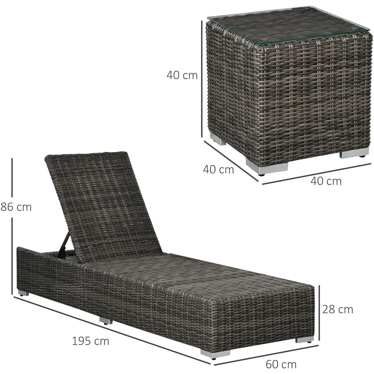 Poly-Rattan Sonnenliege 3-tlg. Gartenliege mit 6-Fach Verstellbarer Rückenlehne Beistelltisch Nackenkissen Gartenmöbel A - 5