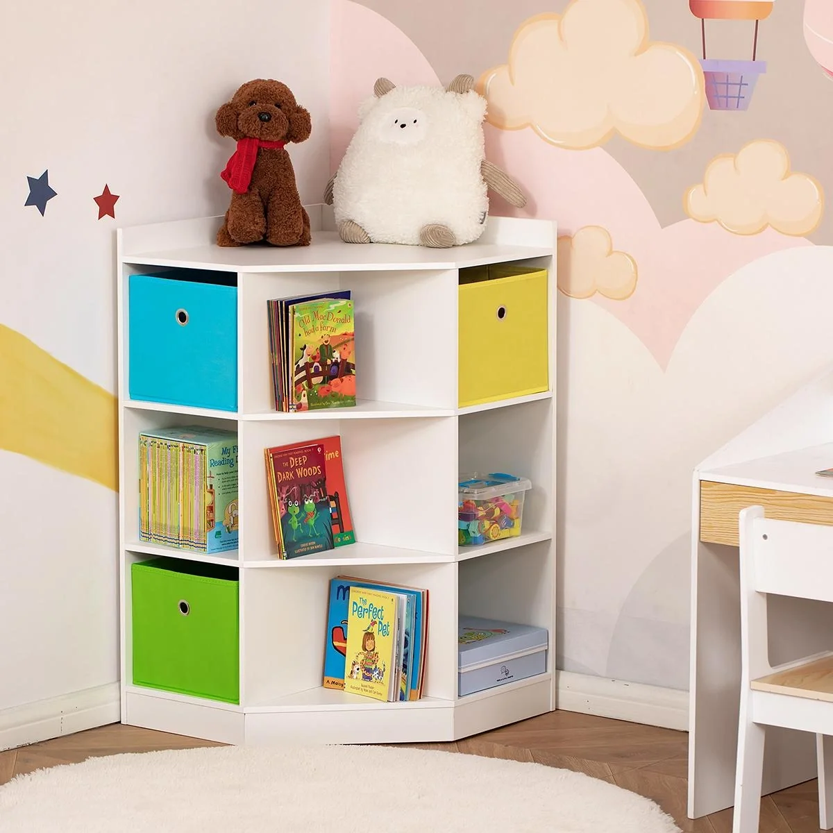 Kinderregal Eckregal mit 3 Aufbewahrungsboxen Kinderzimmer Spielzeugablage für 3-12 Jahre Kinder Weiß 57,4 x 57,4 x 94 c - 6