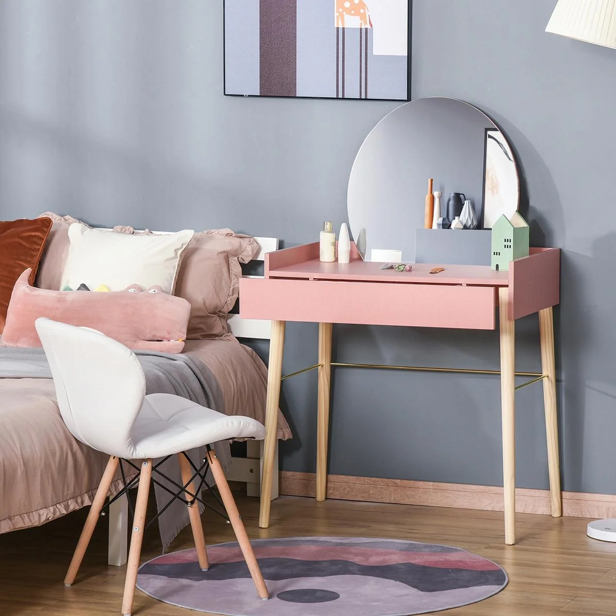 Schminktisch für Schlafzimmer Frisiertisch Kosmetiktisch mit Spiegel Schublade leichter Luxusstil MDF Kiefernholz Rosa 7 - 4