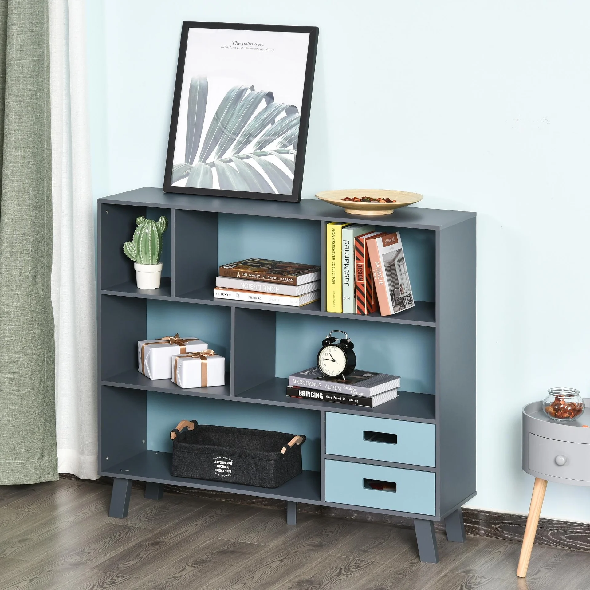 Bücherschrank mit 2 Schubladen, blau - 5