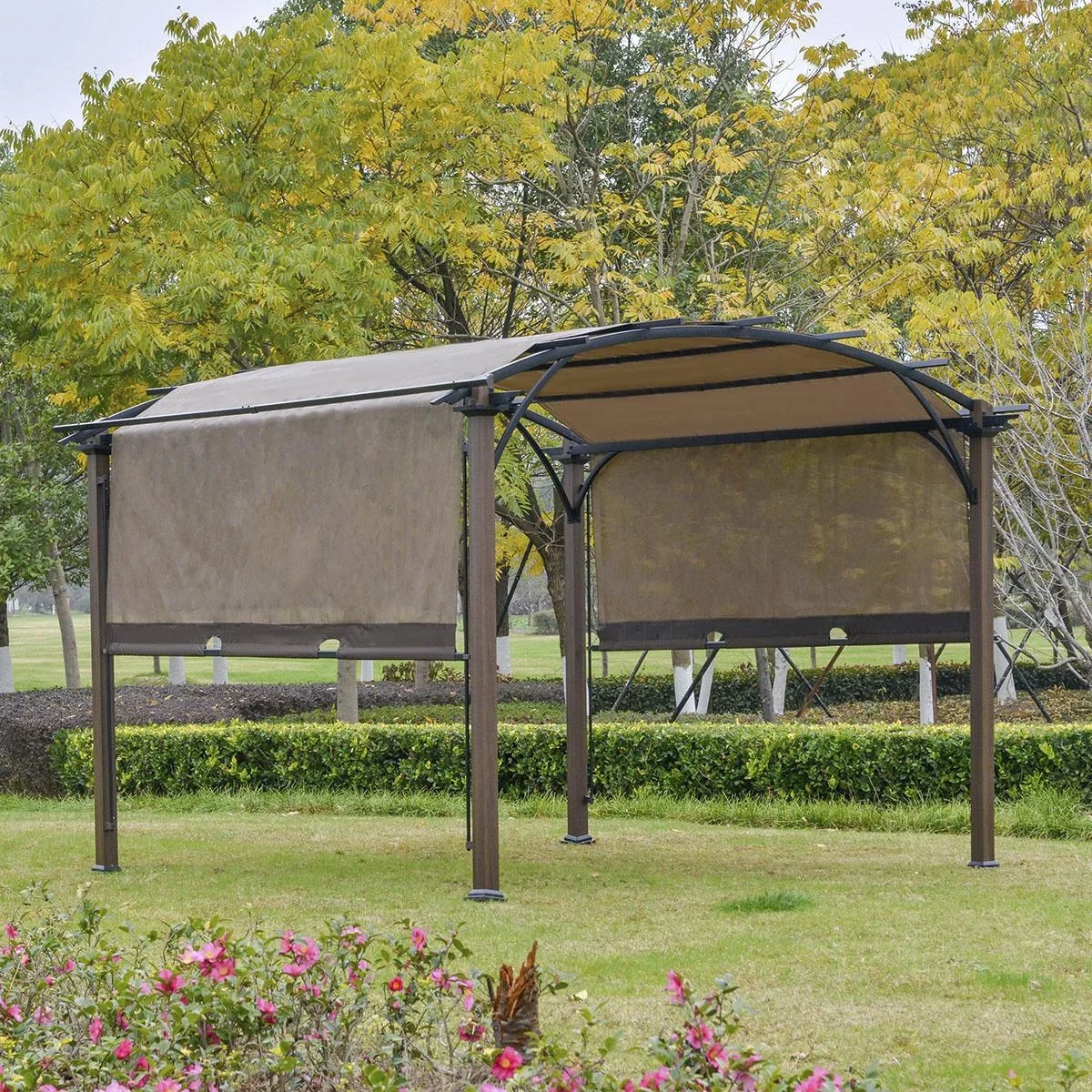 Pavillon Pergola mit einstellbarem Stoffdach UV+50 Überdachung Wasserfest Sonnenschutz Texteline Stahl Kaffee+Braun 3,45 - 4