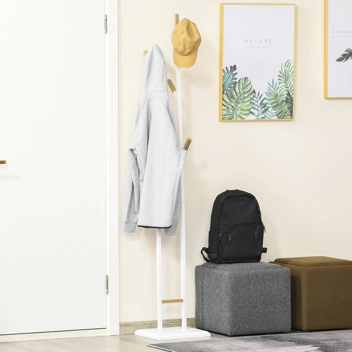 Garderobenständer Standgarderobe mit 8 Haken Kleiderständer weiße Metallrahmen und Bambus-zweige Wohnzimmer Eingangsbere - 3