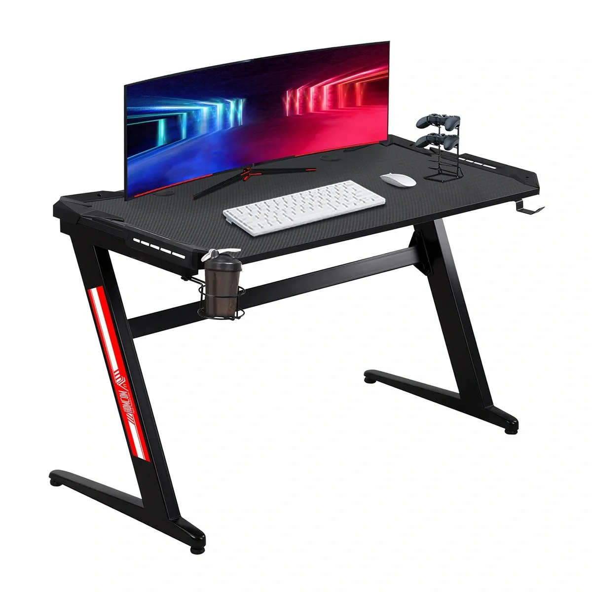 Computertisch Spieltisch mit LED-Licht Schreibtisch mit Becherhalter Kopfhörerhaken Z-förmiger Bürotisch MDF Metall ABS - 4