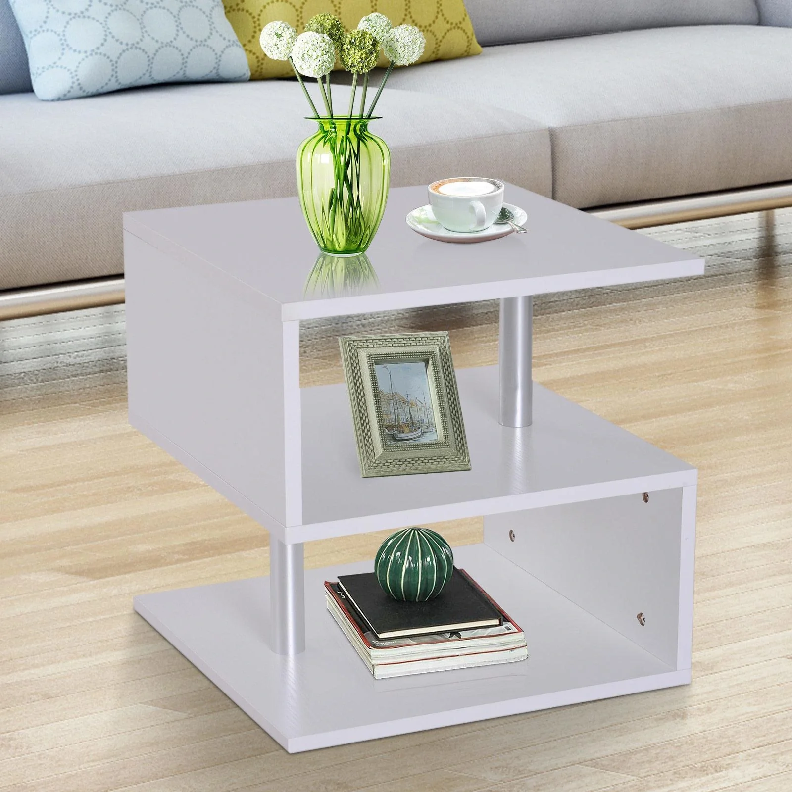 Beistelltisch Couchtisch Sofatisch 3 x Fach Spanplatte + Alulegierung Weiß 48 x 48 x 48 cm - 9