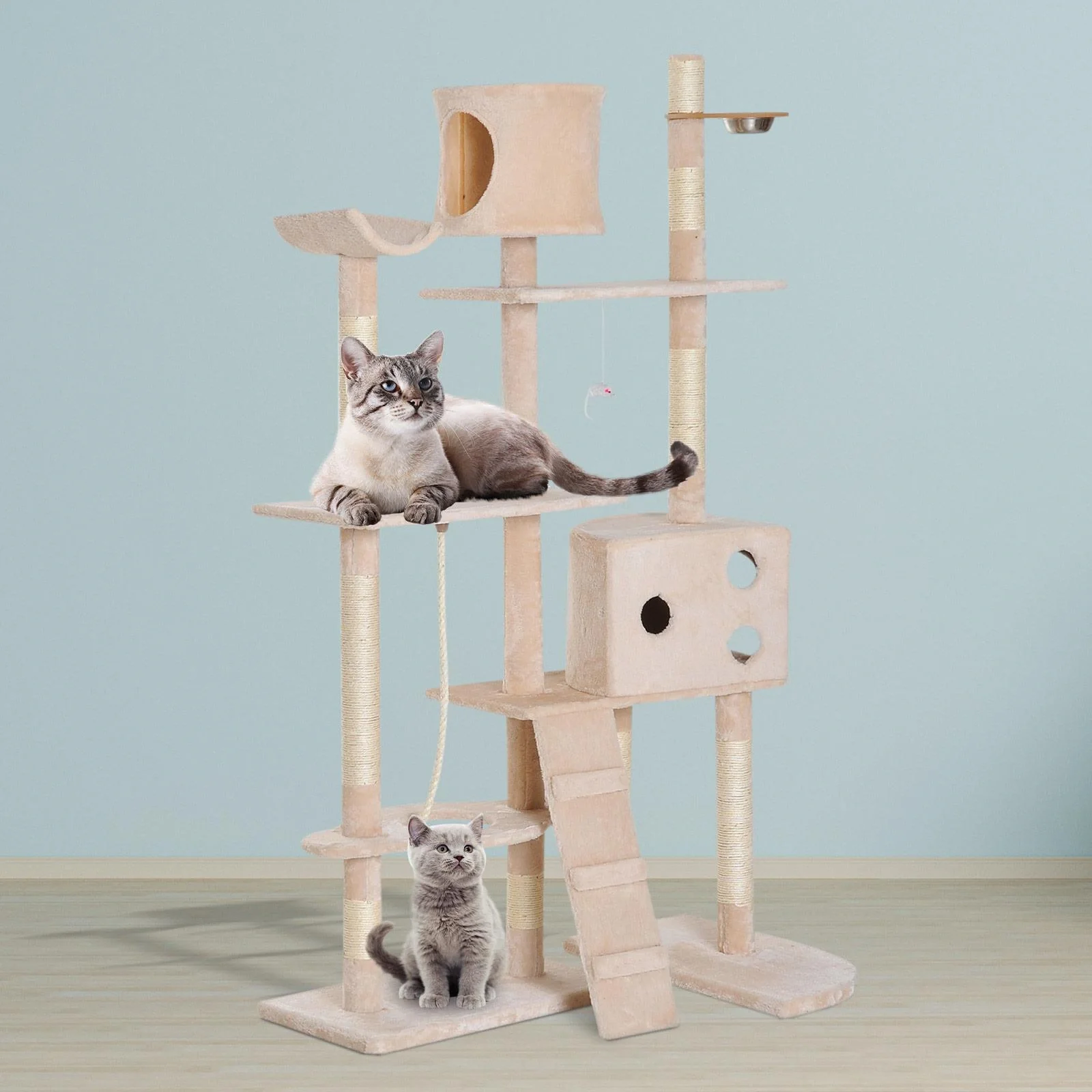 Kratzbaum Katzenbaum Kletterbaum Futterschale Leiter Beige L150 x B60 x H170 cm - 8