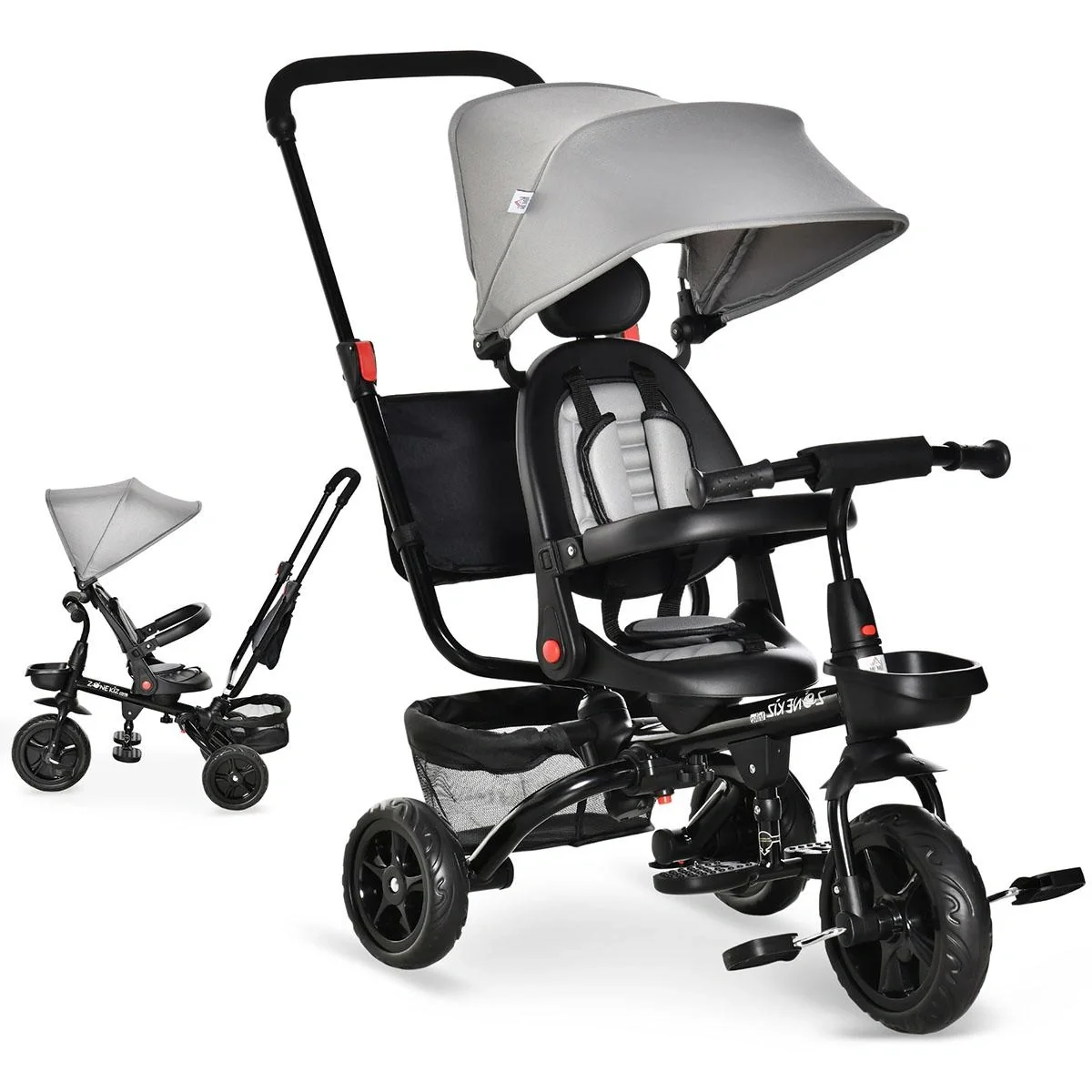 4-in-1 Kinderdreirad Kinder Fahrrad mit Sicherheitsgurt und Sonnendach Dreirad Kinderauto Kinderwagen PP-Kunststoff PA - 4