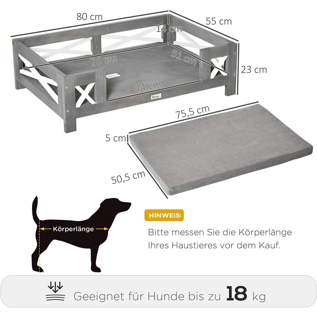 Hundebett mit Kissen für kleine Hunde weich gepolstert waschbarer Bezug Kiefernholz 80 x 55 x 23 cm - 6