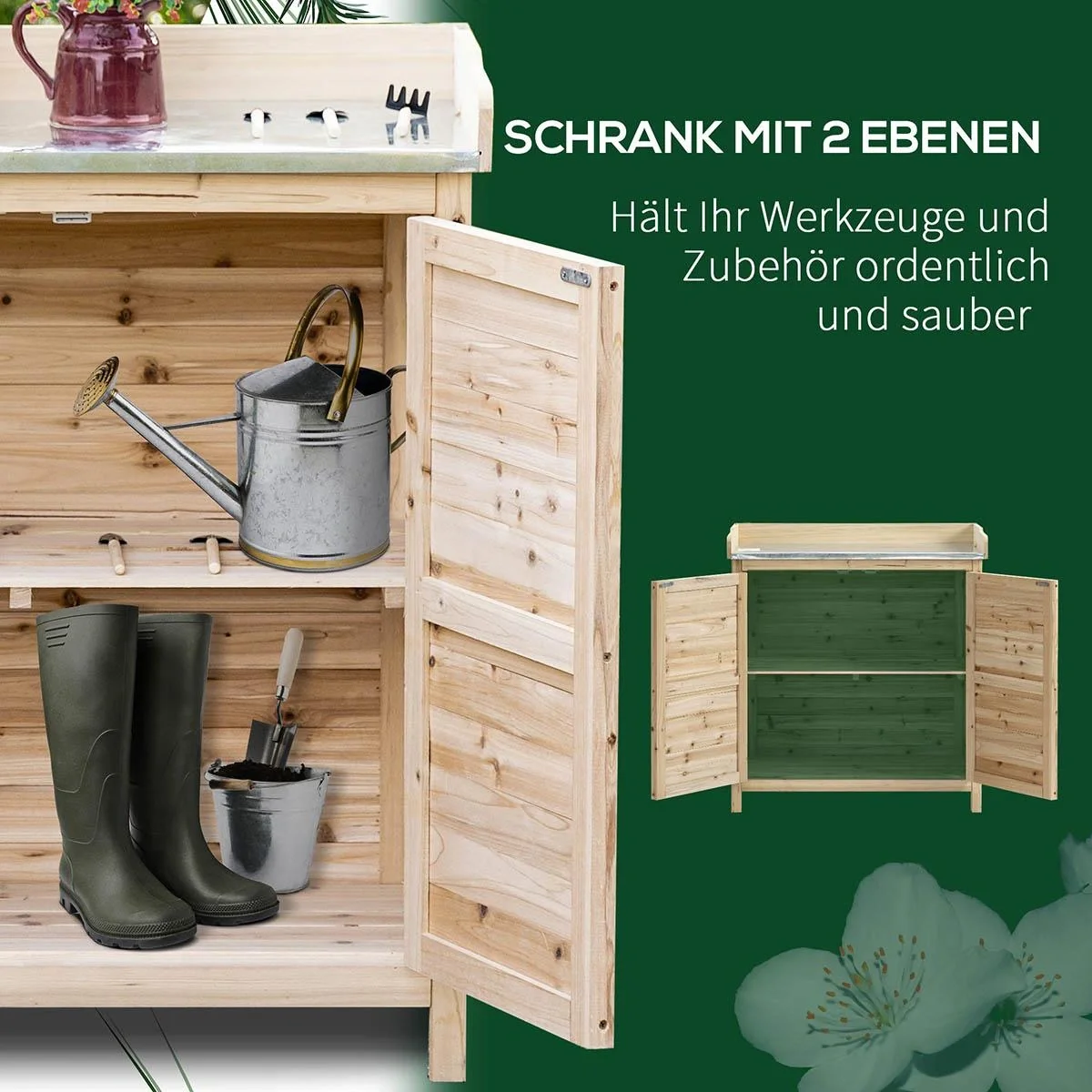 Gartenschrank Pflanztisch mit Unterschrank Holz Geräteschrank Schrank mit 2 Einlegeböden Geräteschuppen Garten Schuppen - 5