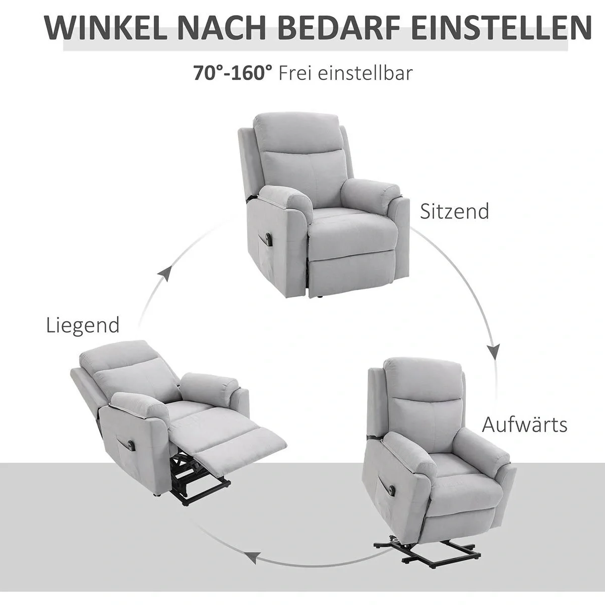 elektrischer Aufstehsessel Sessel mit Aufstehhilfe für Senior Relaxsessel Fernsehsessel Liegefunktion Leinen-Touch Grau - 4