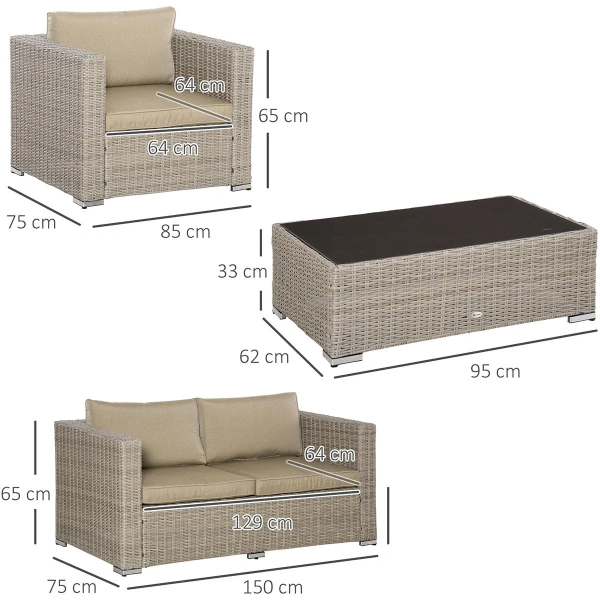Vierteilige Sofagarnitur in Rattanoptik mit großem Beistelltisch Khaki+Beige - 5