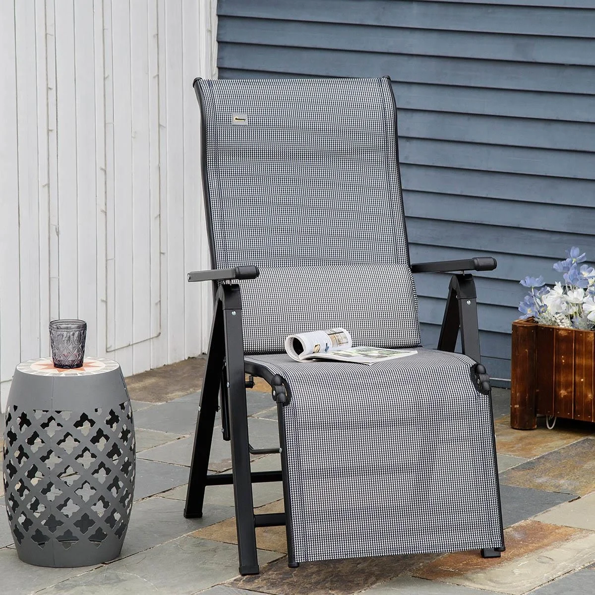 Gartenliege 9 Positionen verstellbar Textilene Stahl Schwarz+Grau 70 x 65 x 111 cm - 6