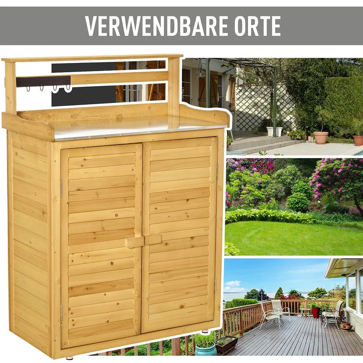 Gartenschrank Pflanztisch mit Unterschrank Geräteschrank mit Arbeitsfläche 3 Fächern Gartentisch mit Unterschrank 2 Türe - 5