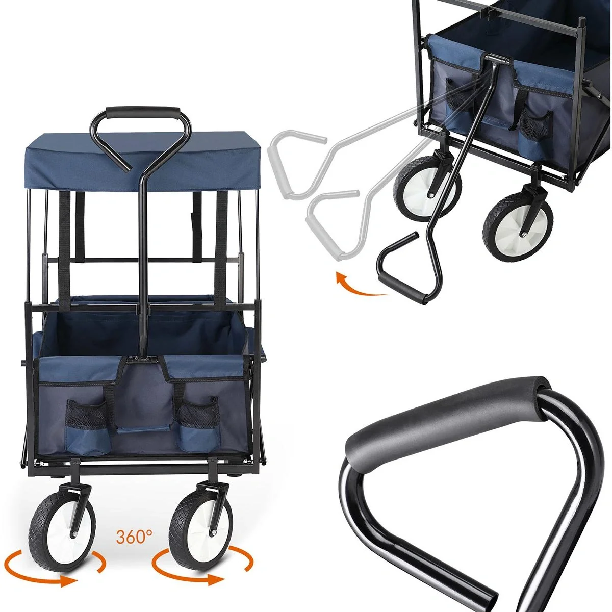 Trolley mit Schattentuch / Regendach - Dunkelblau - Zusammenklappbar - 70 kg / 100L - 3