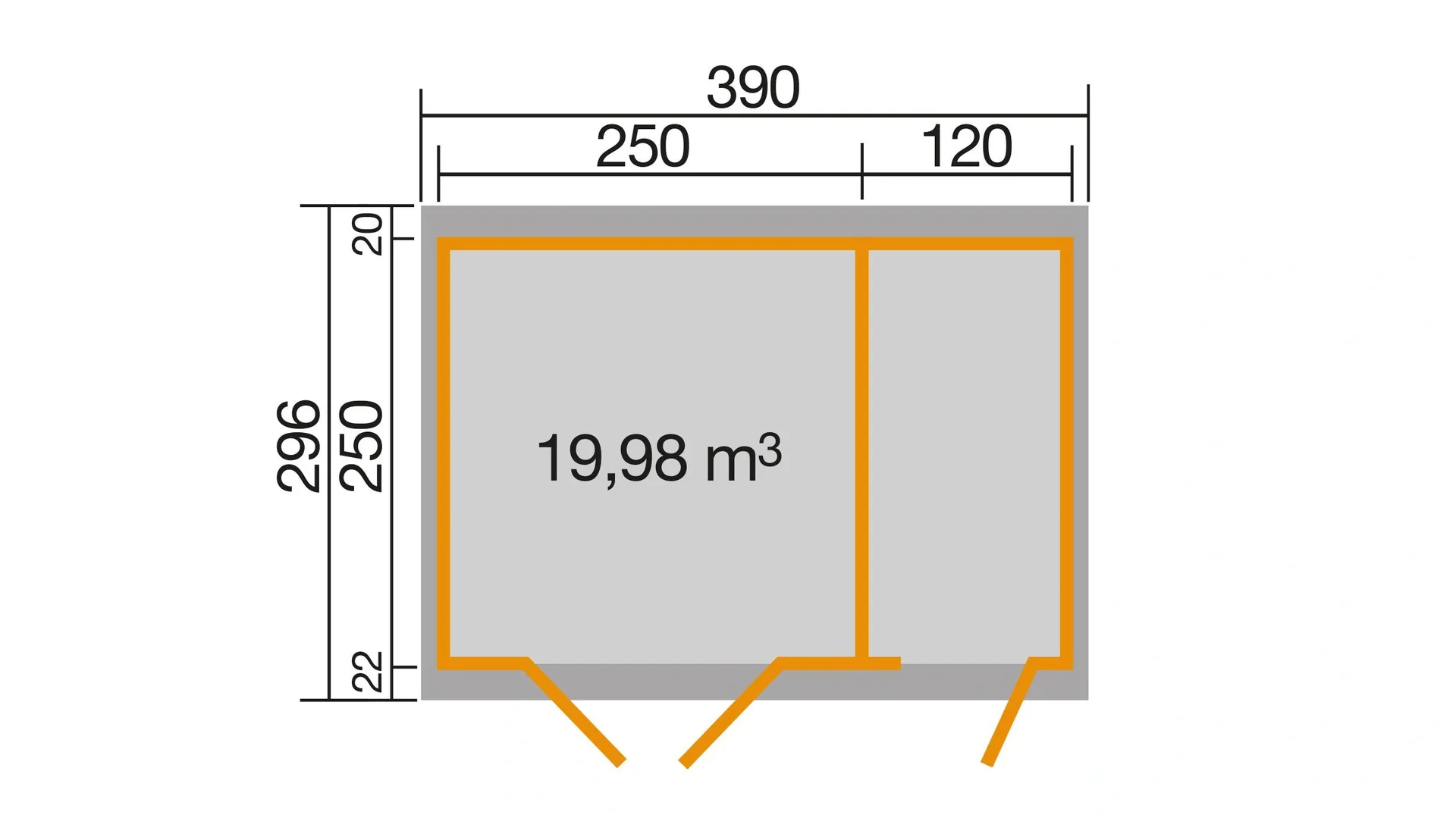 Gartenhaus 254 Gr.2, 394 x 296 x 222 cm graphitgrau,28 mm, Doppeltür, mit 2. Raum Einzeltür - 4