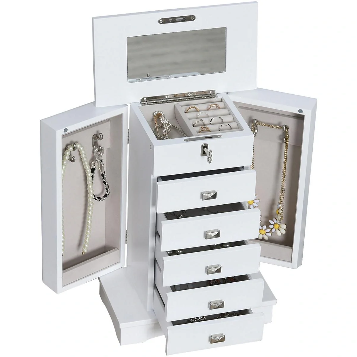 Schmuckschrank mit Spiegel, weiß - 1