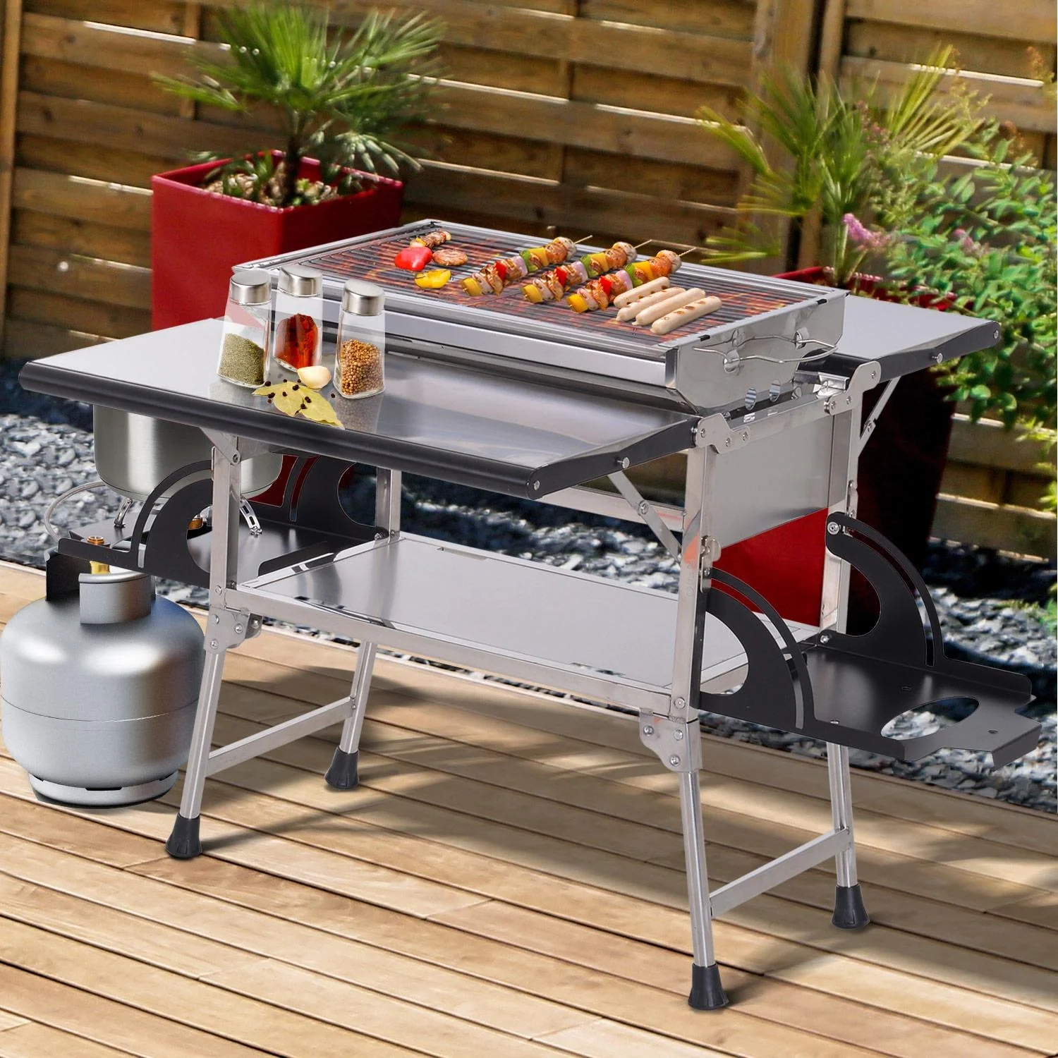 Klappgrill Gasgrill Standgrill tragbar Tischgrill Camping Garten BBQ Edelstahl Silber 58 x 34,2 x 34 cm - 9