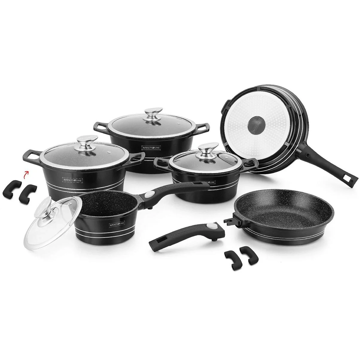 15 Stück Marmorbeschichtungspfannen - mit abnehmbaren Griffen - mit Grillpfanne - Schwarz - 1