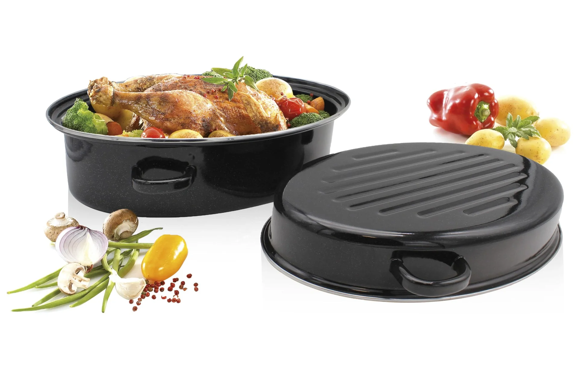 Emaille Gansbräter mit Chromrand und Tropfdeckel Schwarz, 10 Liter - 2