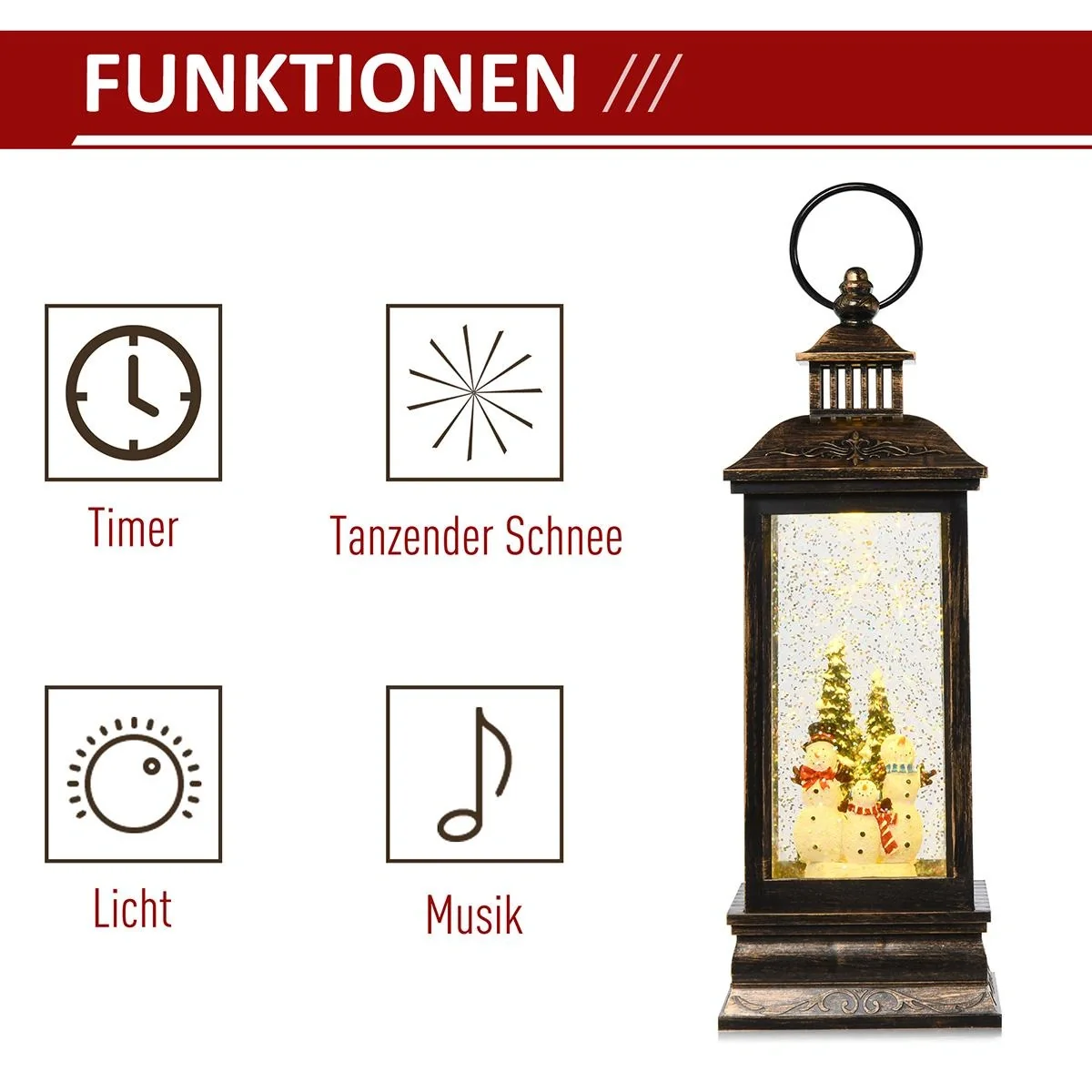 Weihnachten Schneelaterne mit Santa Musik Licht Schnee, Glaskugellaterne, 6h Timer, Metall 10,4 x 10,4 x 27,5 cm - 5