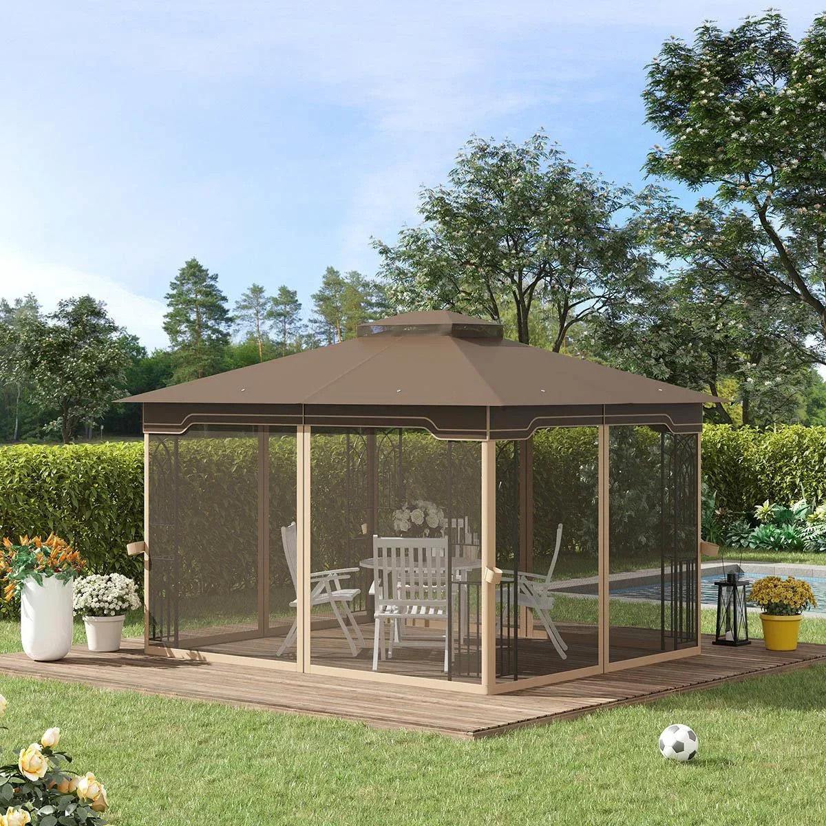 Gartenlaube mit Schirm - Braun/Beige - 3,7 x 3 m - 4