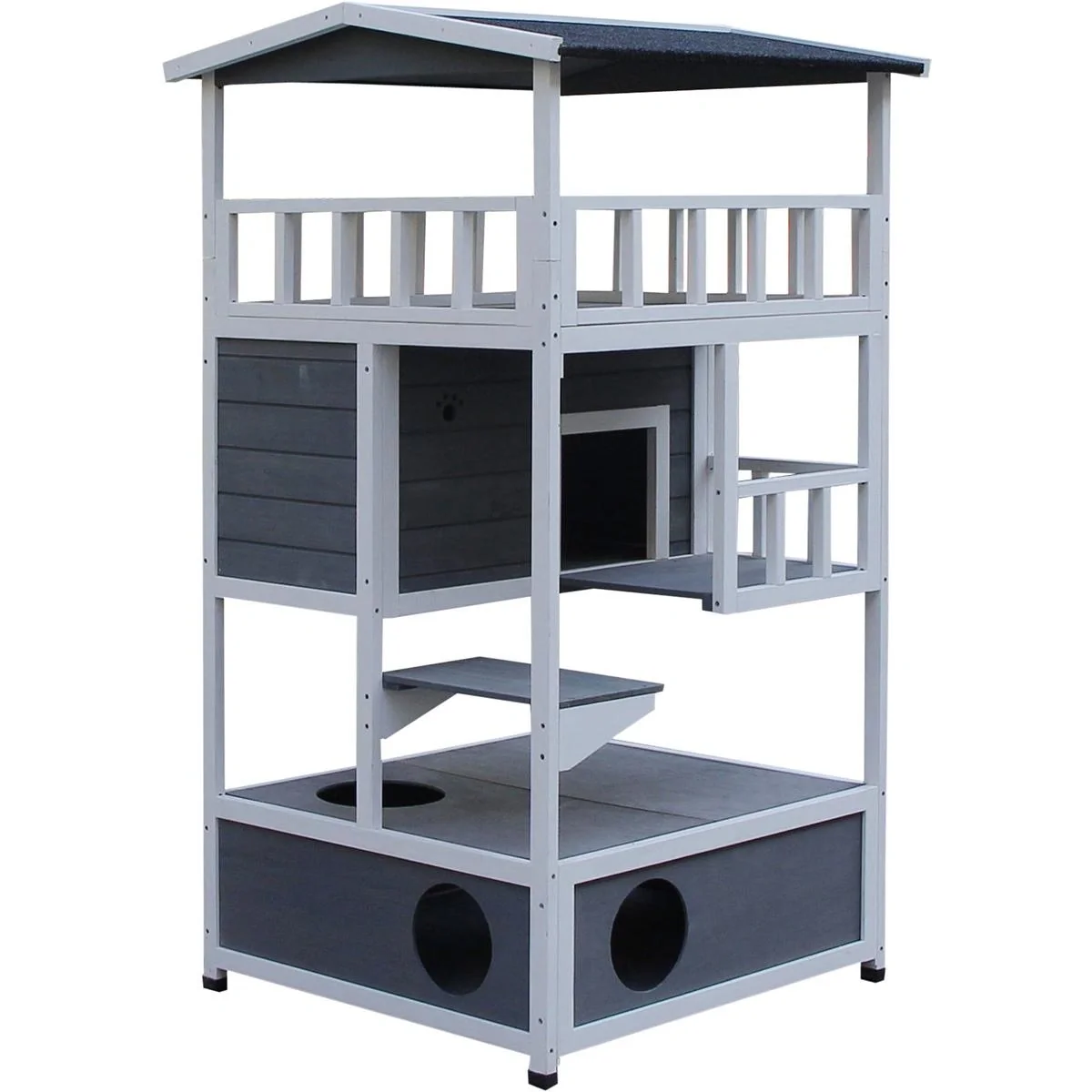 Katzenhaus 4 Stockwerke mit Toiletten-Balkon-Asphaltdach aus Holz, grau - 1