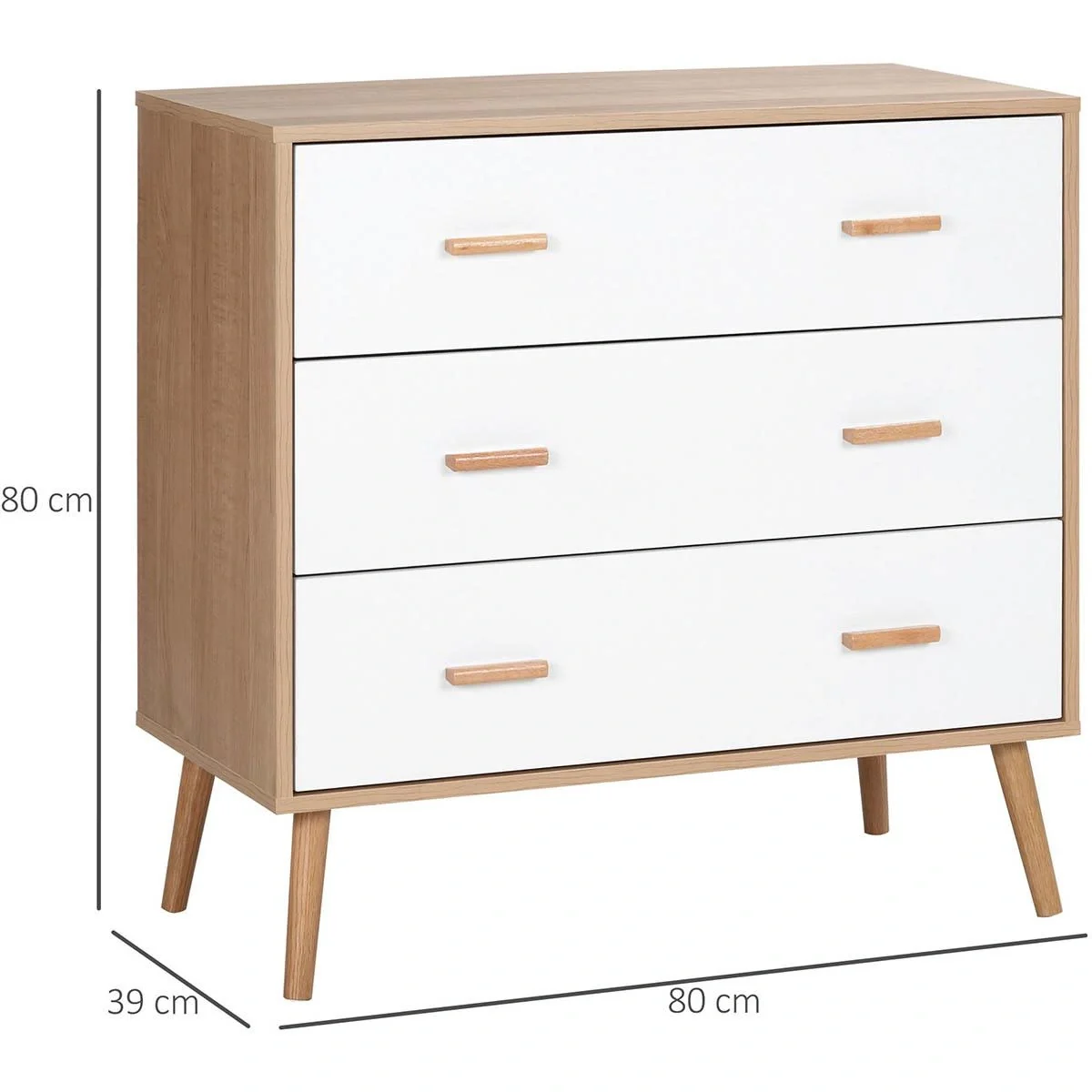 Kommode mit 3 Schubladen Sideboard Schubladenkommode Schrank Mehrzweckschrank Wohnzimmer Esszimmer Skandi-Design Weiß+Na - 6