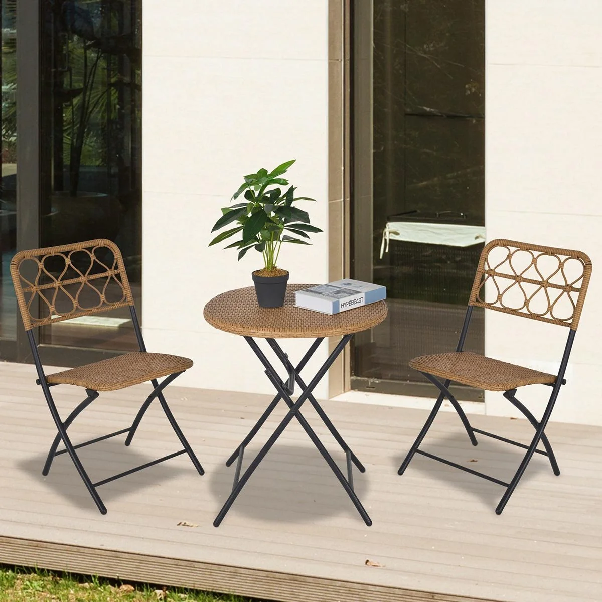 3 tlg. Polyrattan Sitzgruppe Bistroset Balkonset Garnitur 2 Stühlen + Tisch Klappbar Garten Natur - 5