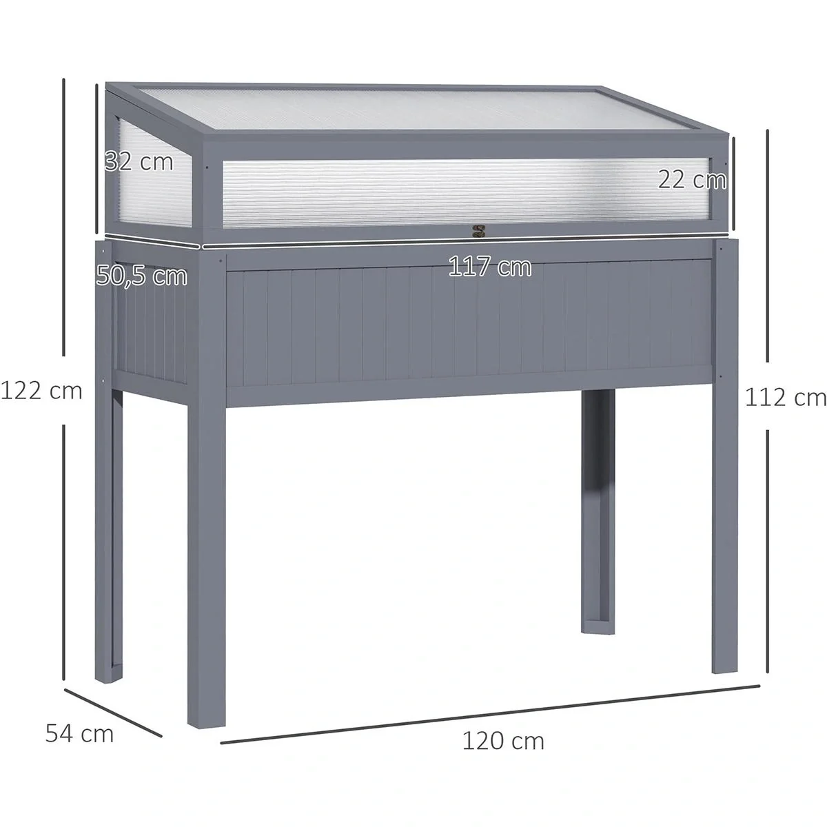 2-in-1-Gewächshaus und Hochbeet - Gehäuse aus Polycarbonat - Grau - 120 x 54 x 112/122 cm - 6