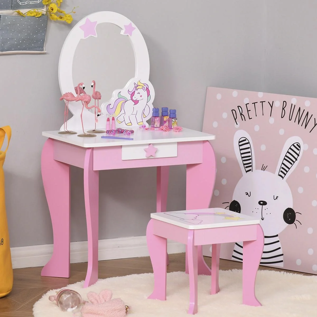 2-Set Kinderschminktisch mit Hocker Frisiertisch Frisierkommode mit Schublade Spiegel für 3-8 Jahre MDF Akryl Rosa+Weiß - 3