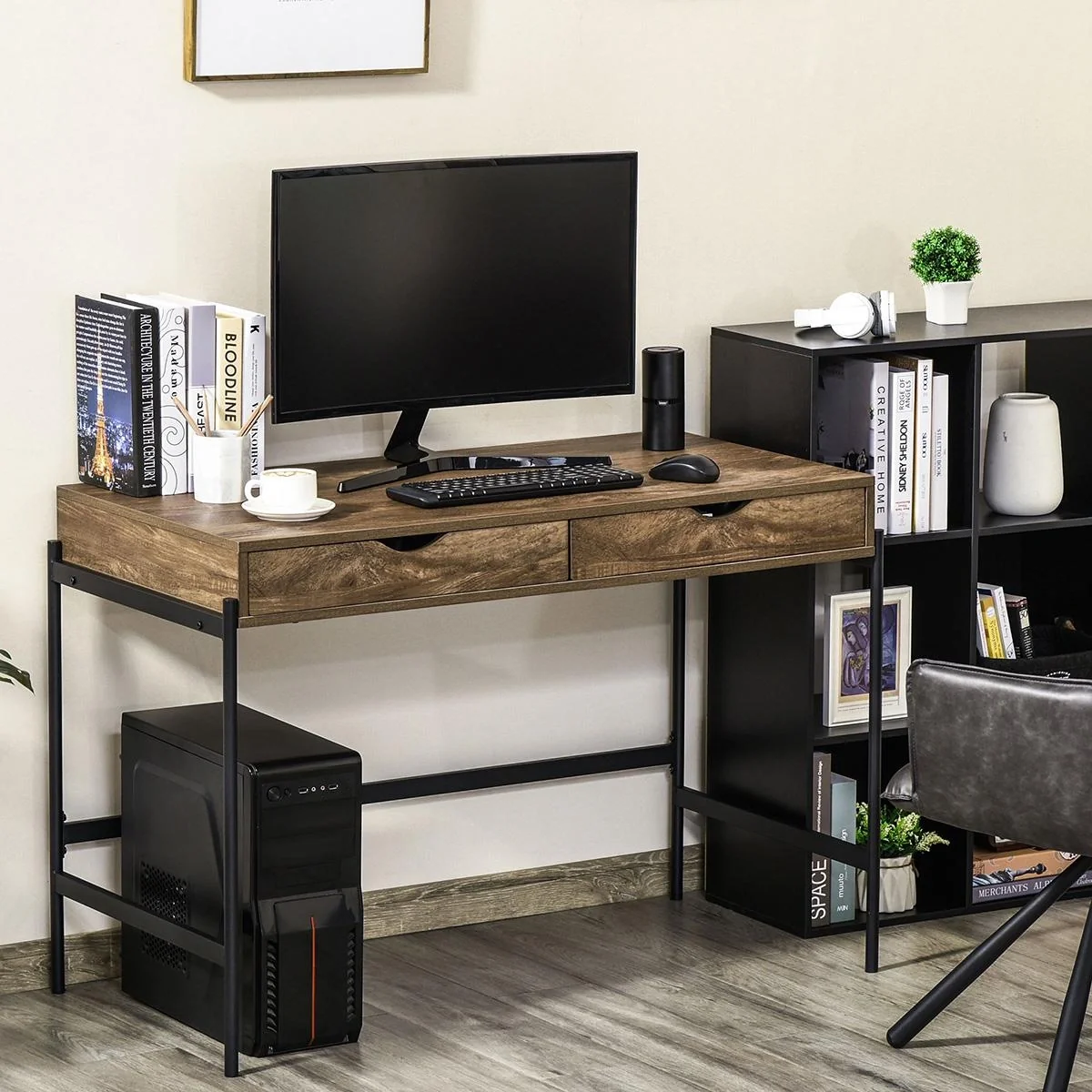 Computertisch Industriestil Schreibtisch Bürotisch mit Schubladen Home-Office Tisch MDF Metall Braun+Schwarz 110 x 55 x - 4