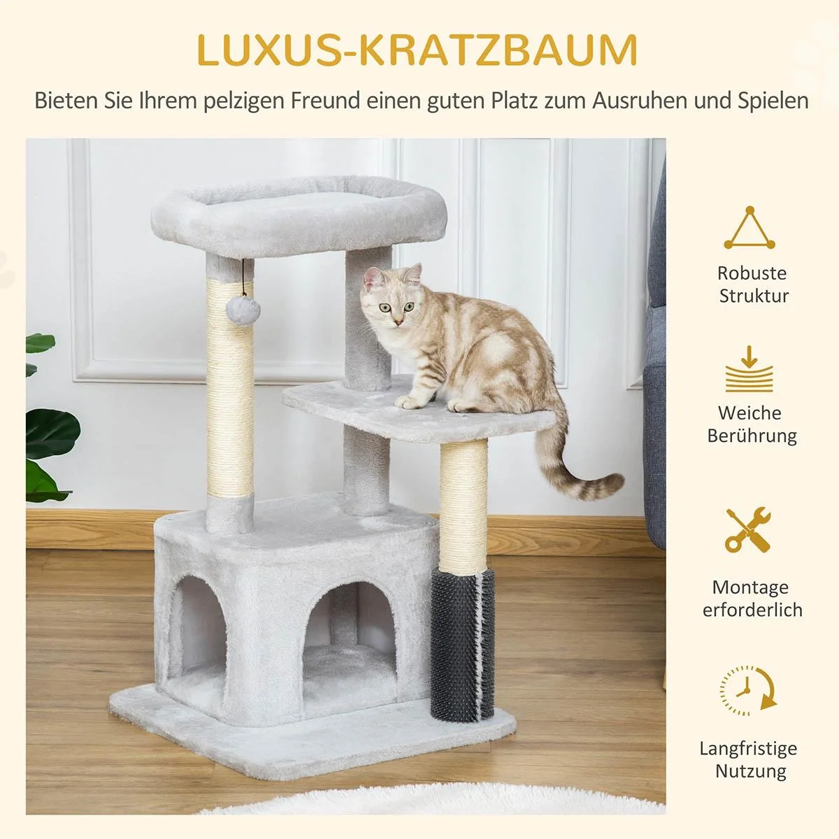 Kratzbaum Katzenbaum mit Massageecke Katzenhöhle Spielball Katzenkratzbaum Sisalseil-Kratzstangen Hellgrau 48 x 48 x 80 - 5