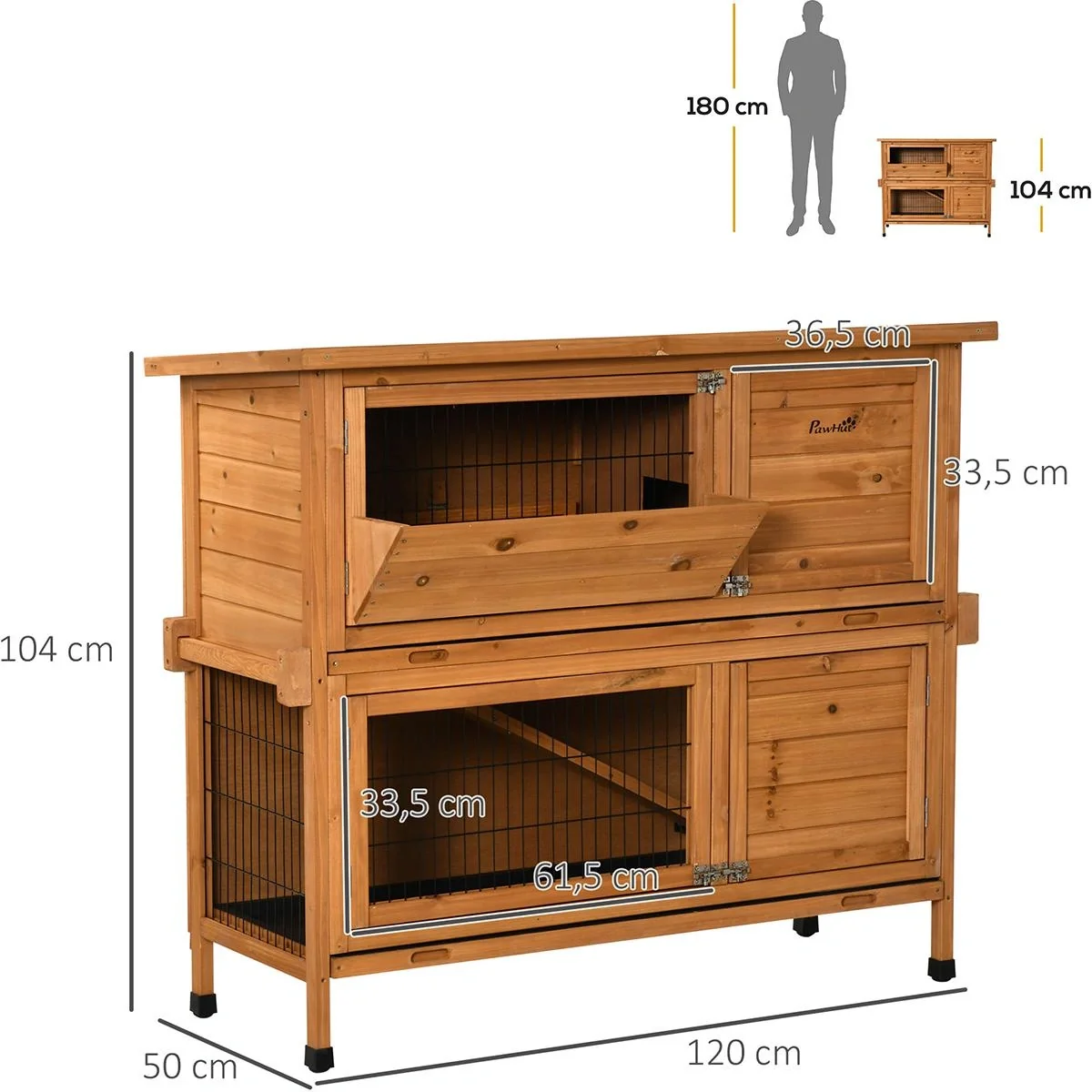 Kaninchenstall Holz Doppelboden mit Asphaltdach Stahl Orange 120 x 50 x 104 cm - 3